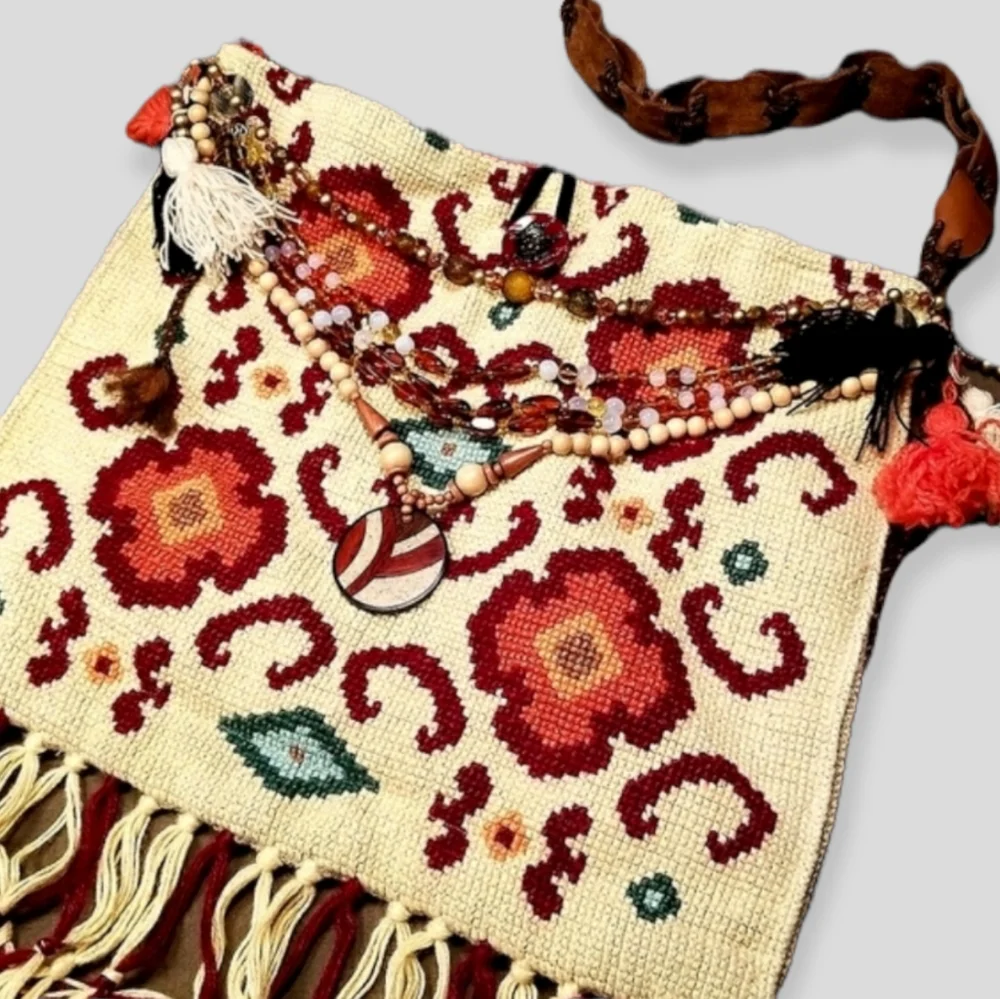 Vintage Textiles Boho Ethnic Festival Handmade Needlepoint Handbag